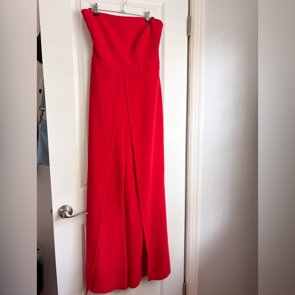 Likely Strapless Red Wide Leg Jumpsuit with Flowy Overlay